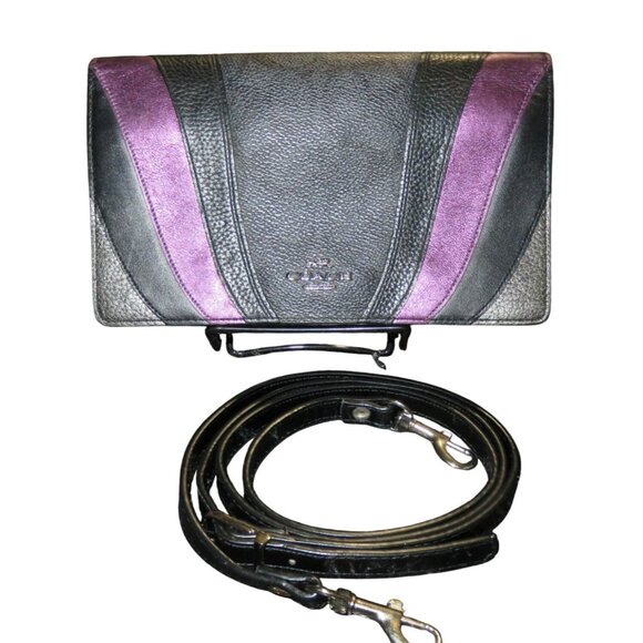 COACH Anna Purple & Black Color block Leather Fold Over Crossbody Handbag Clutch - Picture 1 of 14